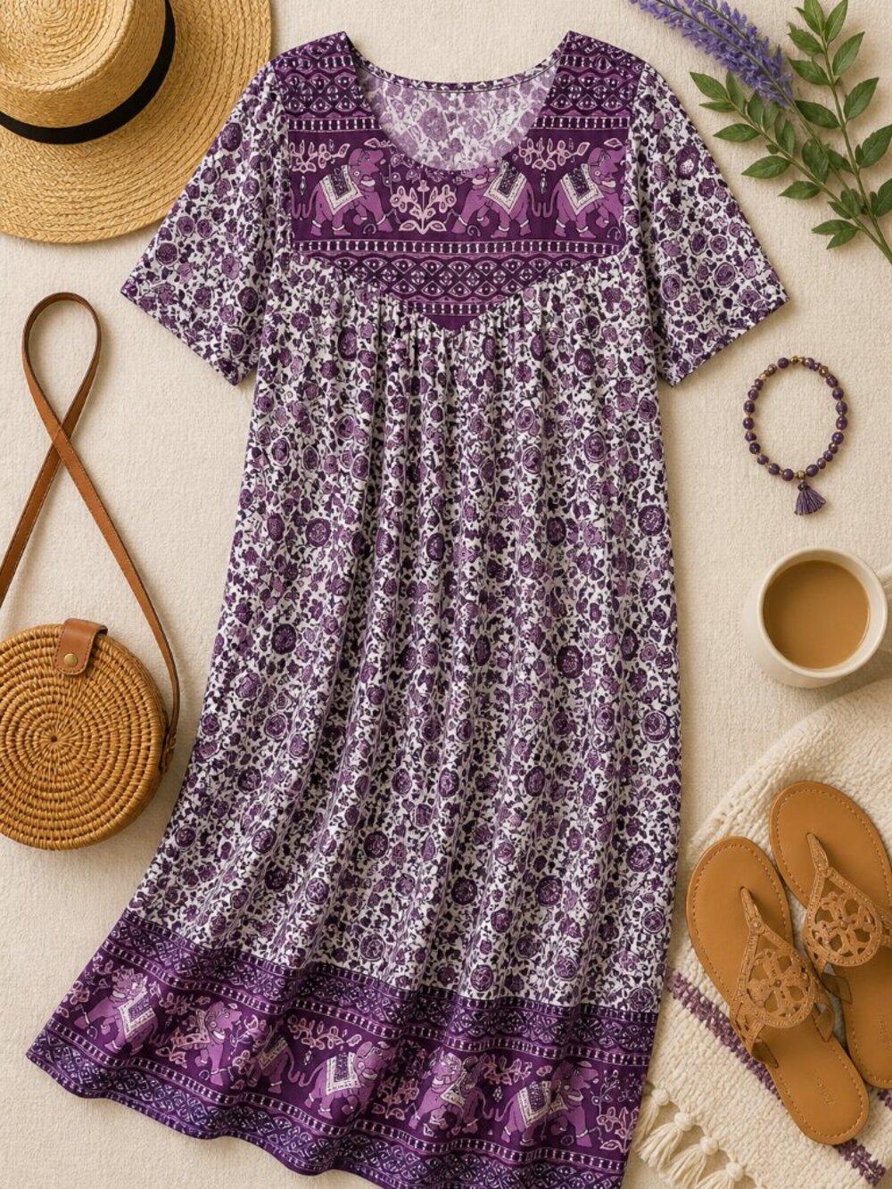 Daffodil Boho Floral Midi Dress Purple Cotton Cottagecore M